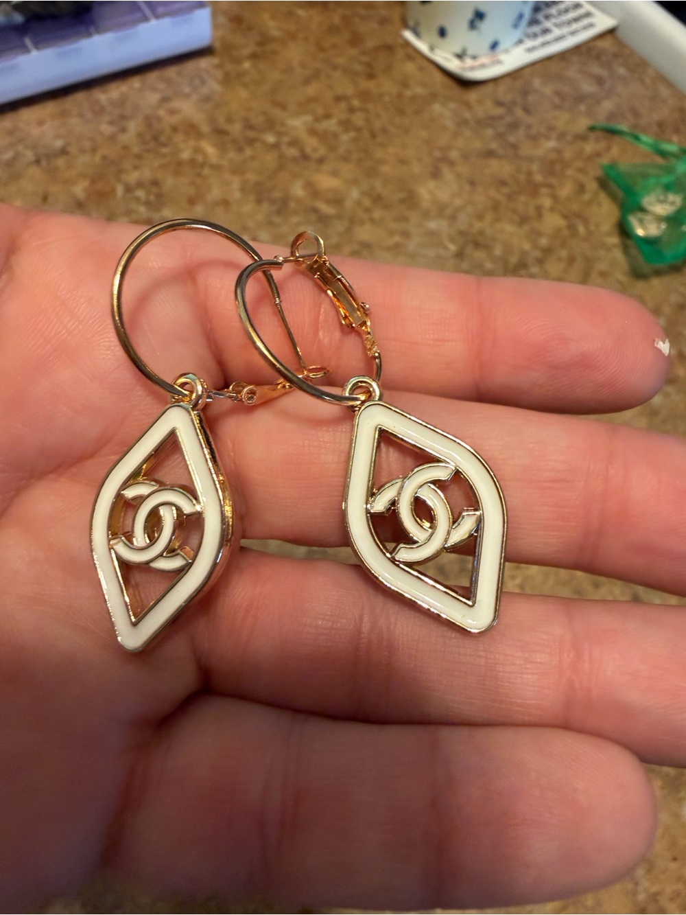 White and Gold Drop Hoop Earrings
